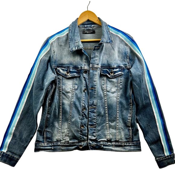 ROKU STUDIO Graffiti Patch Denim Jacket  Basquiat Distressed Streetwear Sz LARGE - Picture 1 of 10